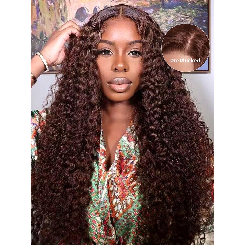 CurlyMe Mocha Mousse Color Pre Cut Glueless Lace Water Wave Wear Go Wig 10(bob)