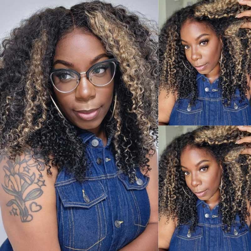 QVR Glueless Pre-cut Balayage 13×4 Lace Frontal Curly Edge Kinky Curly Wigs Black and blonde Highlights Human Hair Wigs 14 150% 13×4 Pre-cut Lace