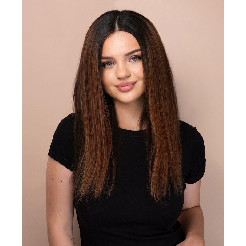 lace front human wig – 18″ rooted brown.