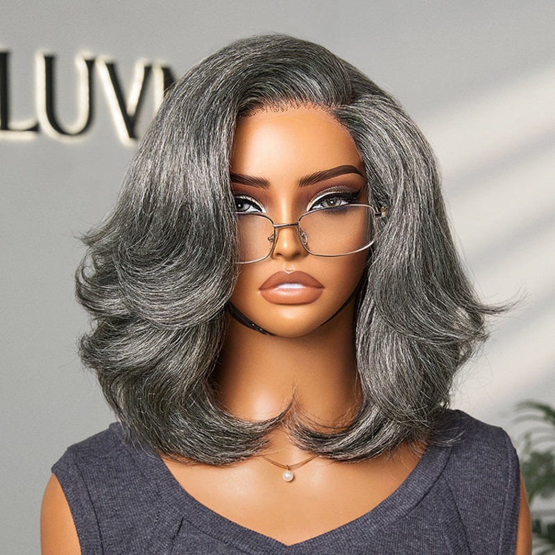 Put On and Go Salt and Pepper Layered Bob Glueless Pre-Cut Minimalist Lace Grey Wig 12