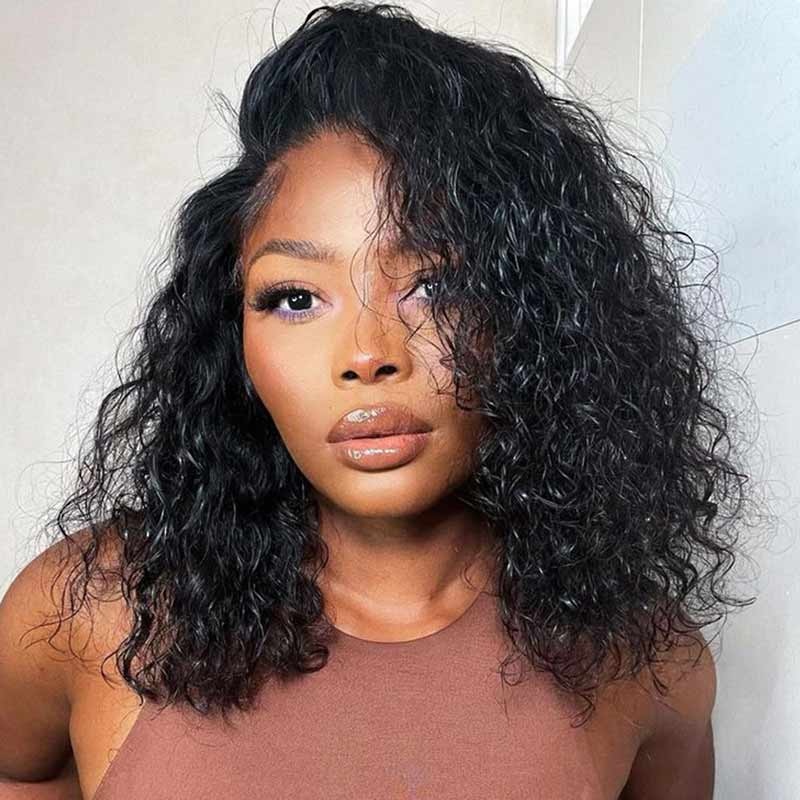 QVR Water Wave Glueless 13×4/4×4 Lace Frontal Short Bob Wigs Natural Black Blend Perfectly Wig 10 180% 13×4 Lace