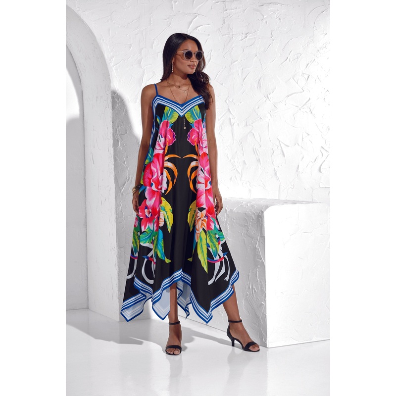 Tropical Garden Handkerchief-Hem Midi Dress by Studio EY MULTI 3X
