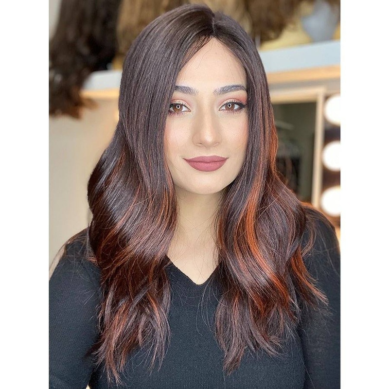 22″ Ponytail Silk Part Wig Soft Black w/ Copper Balayage