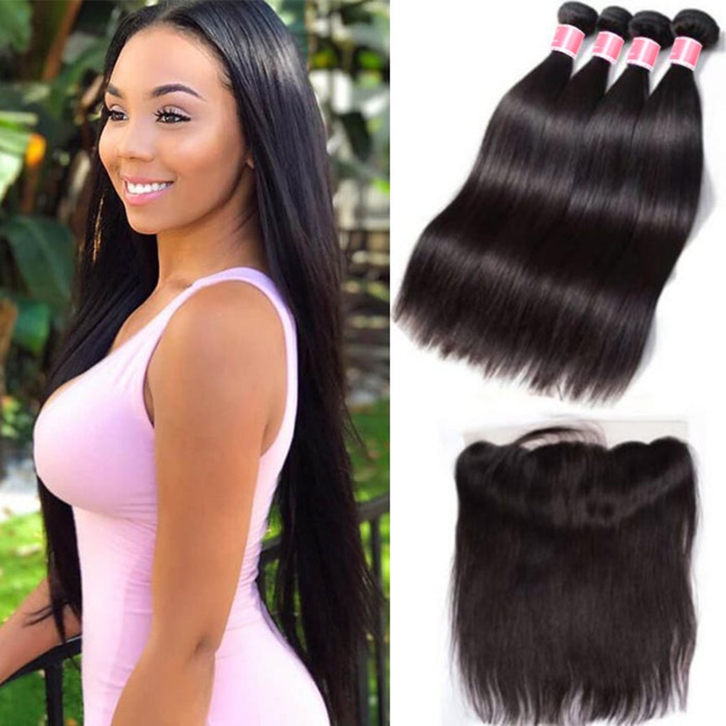 Malaysian Straight Hair 4 Bundles With 13X4 Ear To Ear Lace Frontal Natural Color 10 10 12 12+8