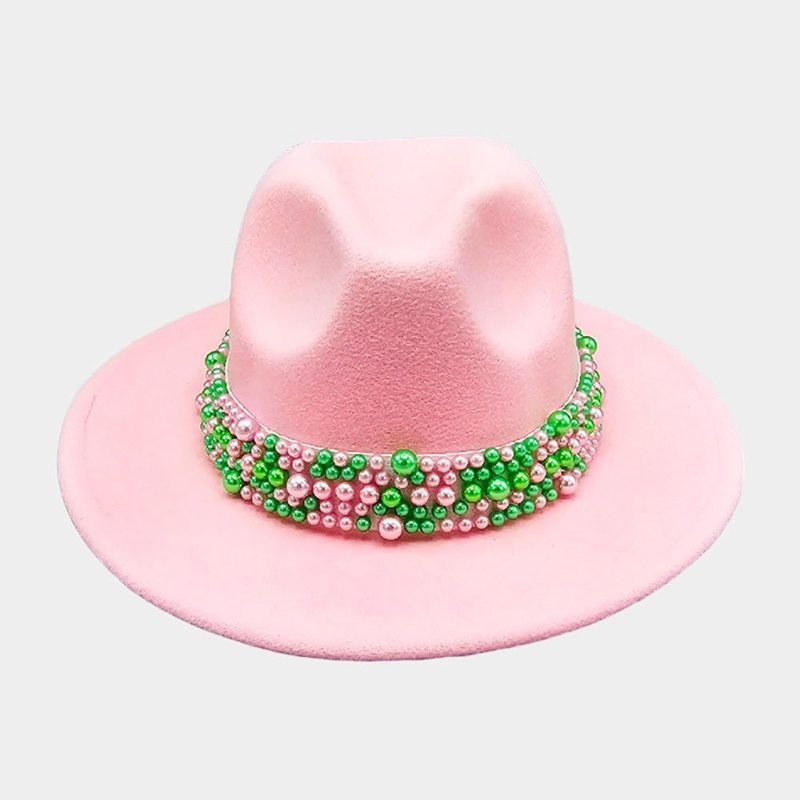 Pearl Embellished Band Pointed Fedora Hat Pink, Pink&Green