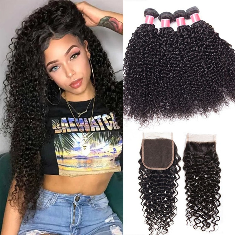 Peruvian Curly Hair 4 Bundles with 4*4 Closure Soft Unprocessed Virgin Human Hair 10 10 12 12+8 Free Part