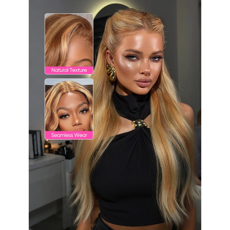 CurlyMe Highlights Ombre 7×5 Swiss Lace Wear Go Straight Glueless Wigs Pre Cut Lace Wig 22