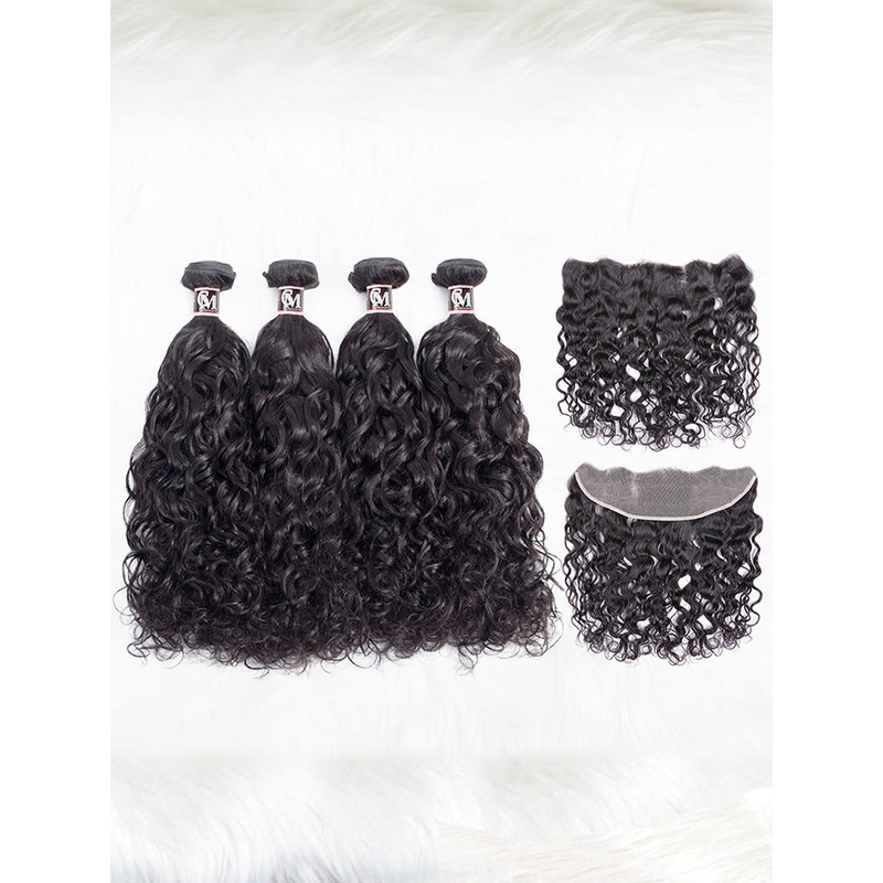 CurlyMe Natural Wave Virgin Human Hair 4 Bundles with 13×4 Frontal Natural Black 8 8 10 10 13×4 Frontal 8