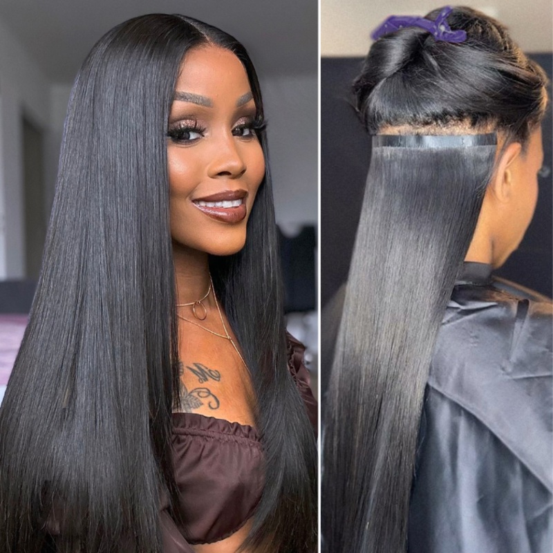 2 Packs Straight / Body Wave / Kinky Curly / Yaki Straight / Kinky Straight Clip in Hair Extensions with Free Gift Straight Seamless PU Clip in 14+14