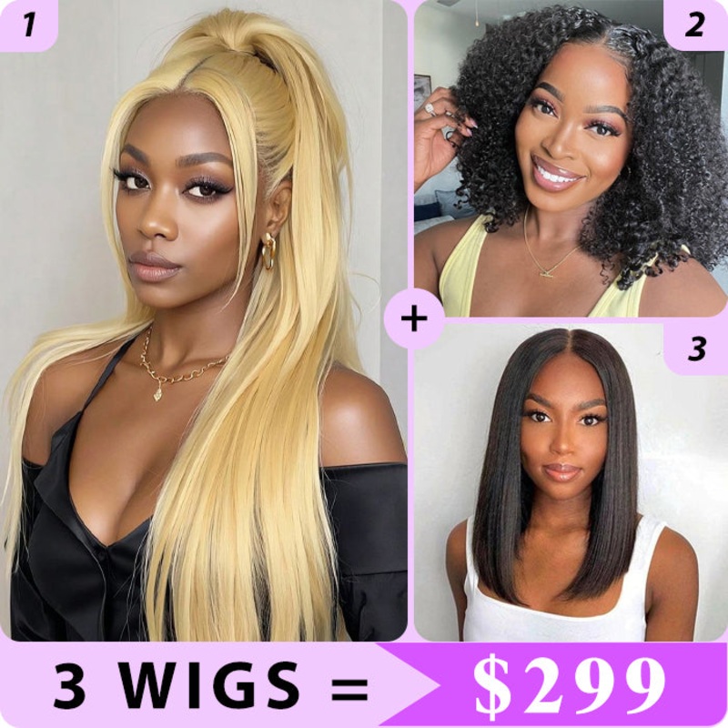 3 Wigs Set  | #613 Blonde Straight 13×4 HD Lace Wig & 8×5 Glueless Lace Curly Short Bob Wigs & Straight 5×5 HD Lace Short Bob Wig 24″ 13×4 HD Lace Straight Wig  – #613 Blonde 14″ 8×5 Pre Cut Lace Curly Bob Wig  – Natural Color 14″ 5×5 HD Lace Straight Bob