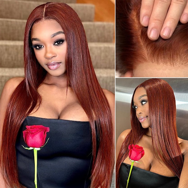 #33 Reddish Brown 5×5 HD Transparent Lace Pre Plucked Natural Hairline Human Hair Wigs 14 Straight 150%