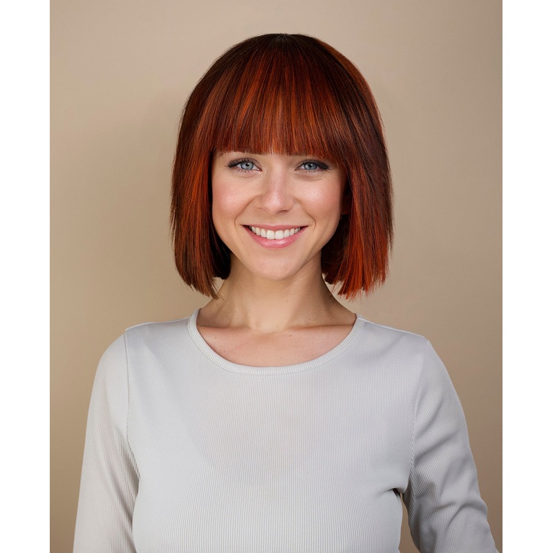 bob with fringe human wig – 8″ red highlights.