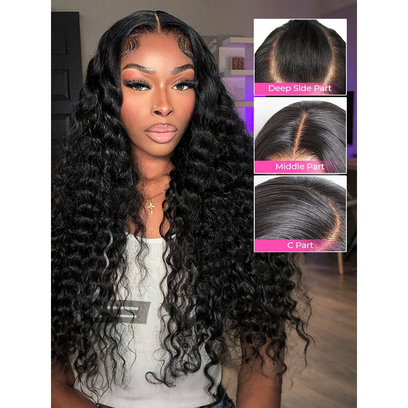 CurlyMe Pre-bleached Deep Wave Wear Go Glueless Wig Pre-cut 7×5 HD Lace Wig Pre-plucked 7×5 HD Lace 180% 8(bob)