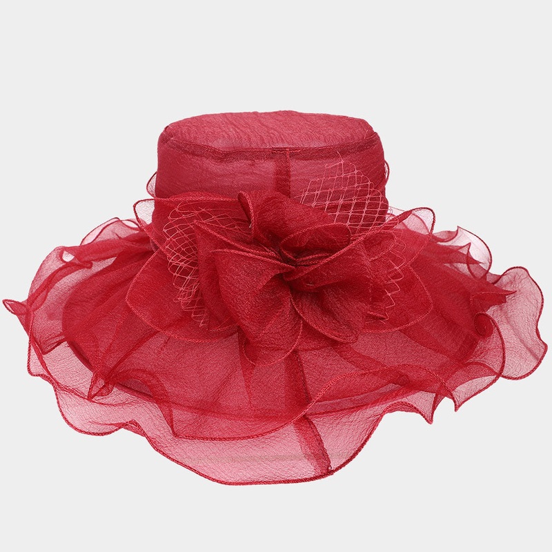 Flower Ruffle Double Layered Organza Dressy Hat Burgundy