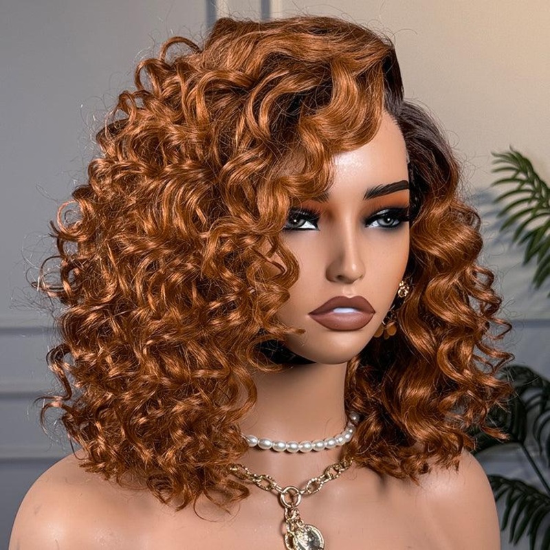 Ginger Ombre Bouncy Curly Glueless Minimalist HD Lace Short Wig 100% Human Hair 10 Yes