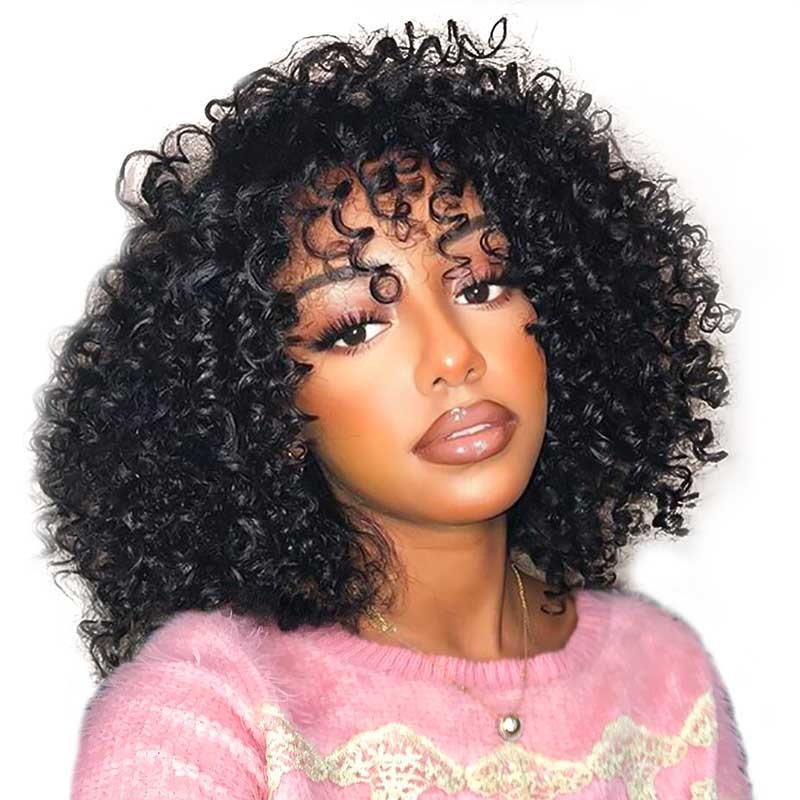 QVR 12A Grade Kinky Curly Wig Brazilian Human Hair Wigs With Bangs Full Machine Made Fringe Wigs 10