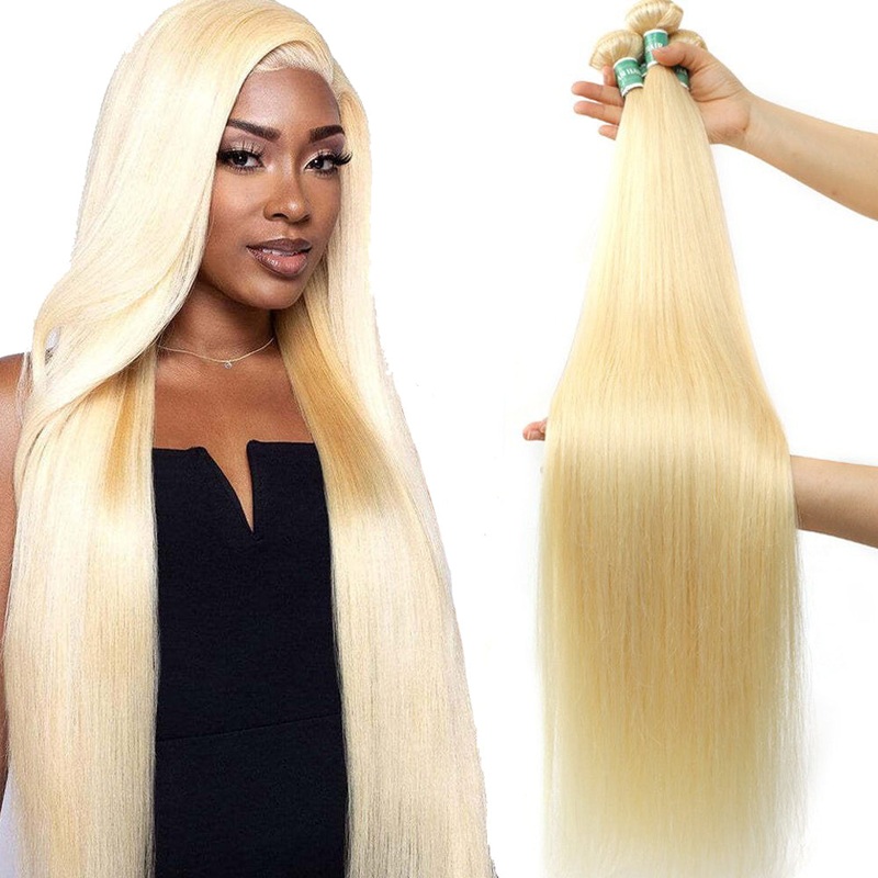 QVR Remy Human Hair Blonde Straight Hair 3 Bundles 613 10″10″10″