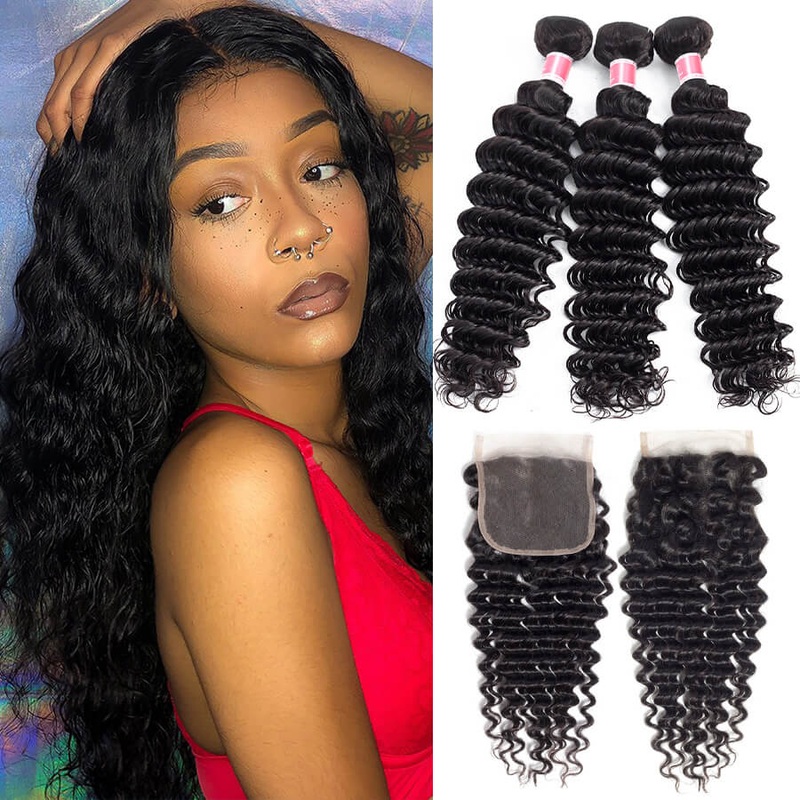 Brazilian Deep Wave Hair 3 Bundles With Closure High Quality 100% Unprocessed Virgin Human Hair Bundles With Closure 12 12 12+10 Free Part