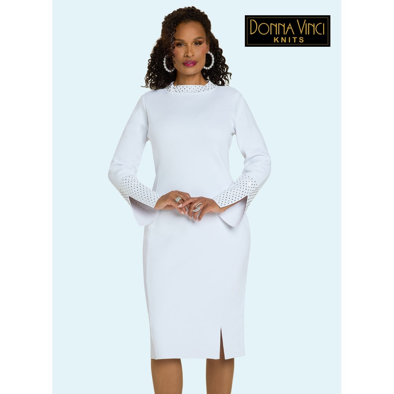Donna Vinci Knits, Rhinestone Trim Knit Dress PURE WHITE 8