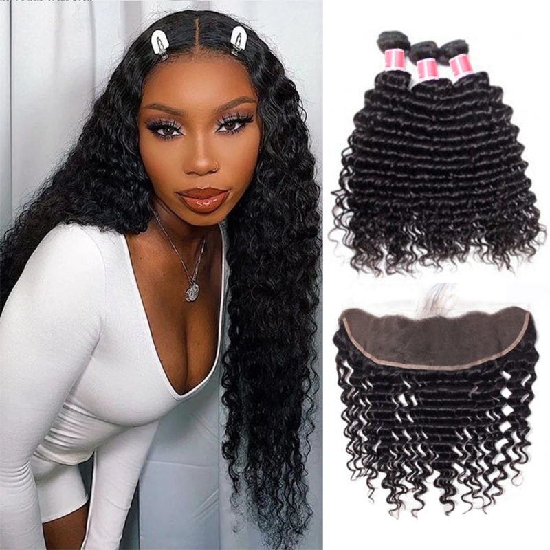 Malaysian Deep Wave Virgin Hair Weave 3 Bundles With 13×4 Lace Frontal Ear To Ear 12 12 12+10