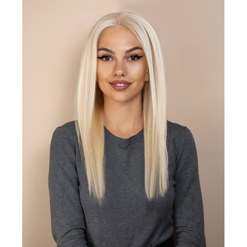 full lace human wig – 18″ platinum blonde.
