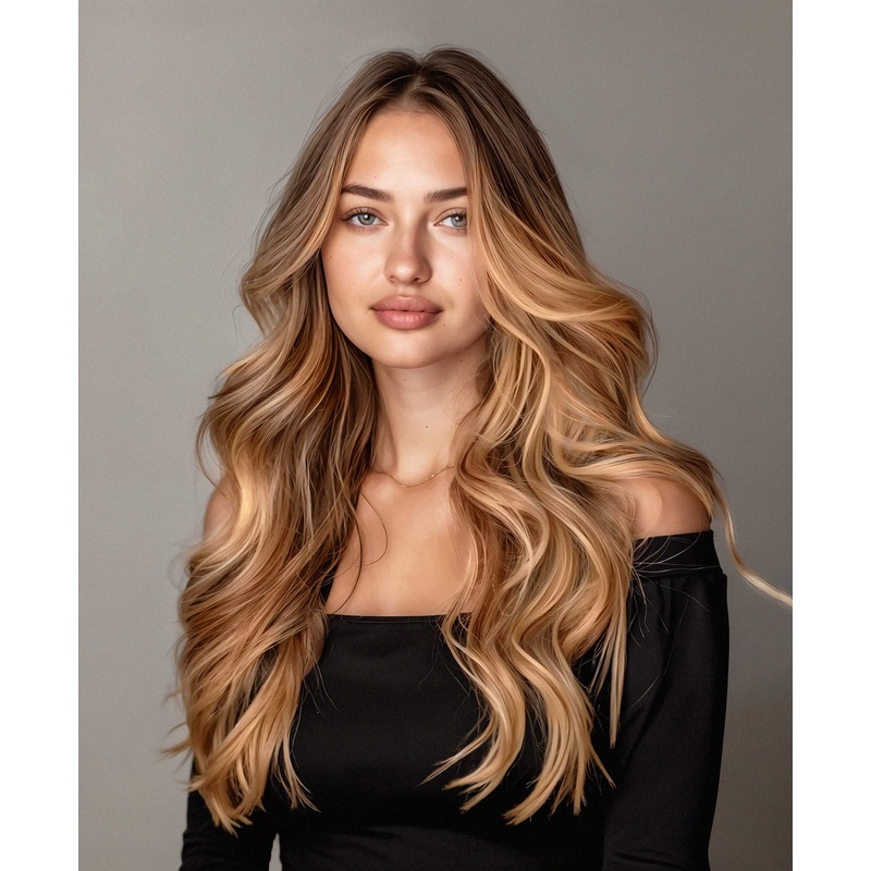 invisible clip-in hair extensions caramel balayage. 14″ Classic