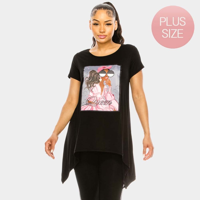 Queen Woman Printed Crystal Embellished Half Sleeve Top Black