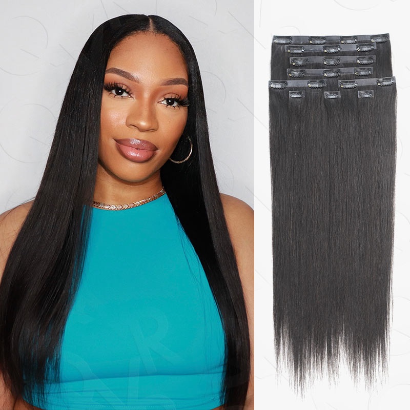 QVR Invisible 9PCS Weft Clip In Hair Extensions 5PCS Volumizer Natural Straight PU Clip In Human Hair PU Clip Ins (180% Density) 9 PCS+5 PCS (Full Head) 14”