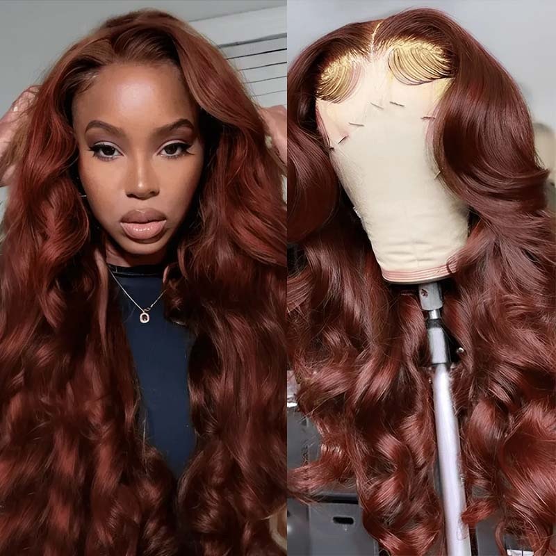 QVR Real Glueless 5×5 HD Transparent Lace Body Wave Wigs #33 Red Reddish Brown Auburn Color 16 180% 5×5 HD Lace