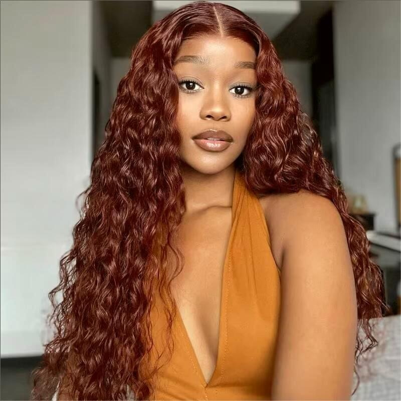 #33 Reddish Brown Color Water Wave 13×4 13×6 HD Lace Front Wigs Human Hair Pre Plucked 16 13×4 Lace 150%