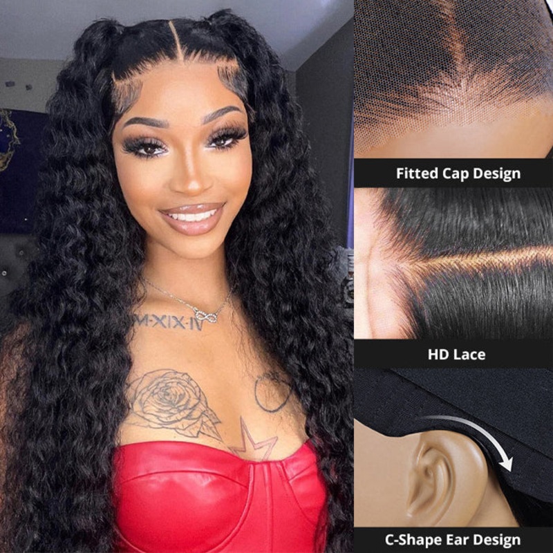 C-Shape Ear Design Deep Wave Glueless 8×5 HD Lace Wig Pre-Cut Closure Wig Wear Go Invisible Knots 12 8×5 Lace 150% Natural