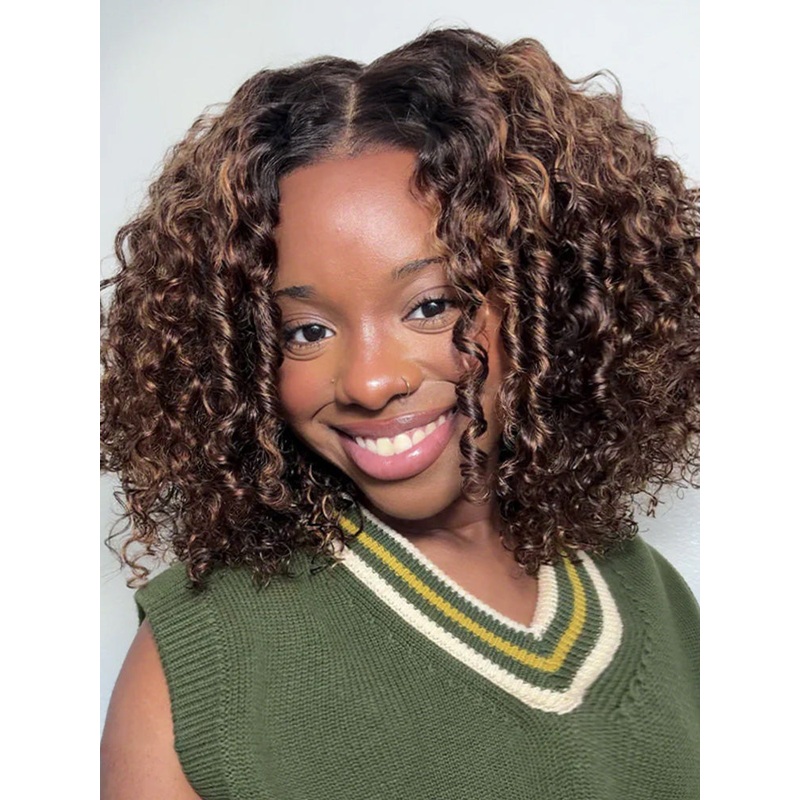 CurlyMe Ombre Highlight Brown Bob Water Wave Wear Go Wig Pre-Cut 7×5 Glueless Wig 10