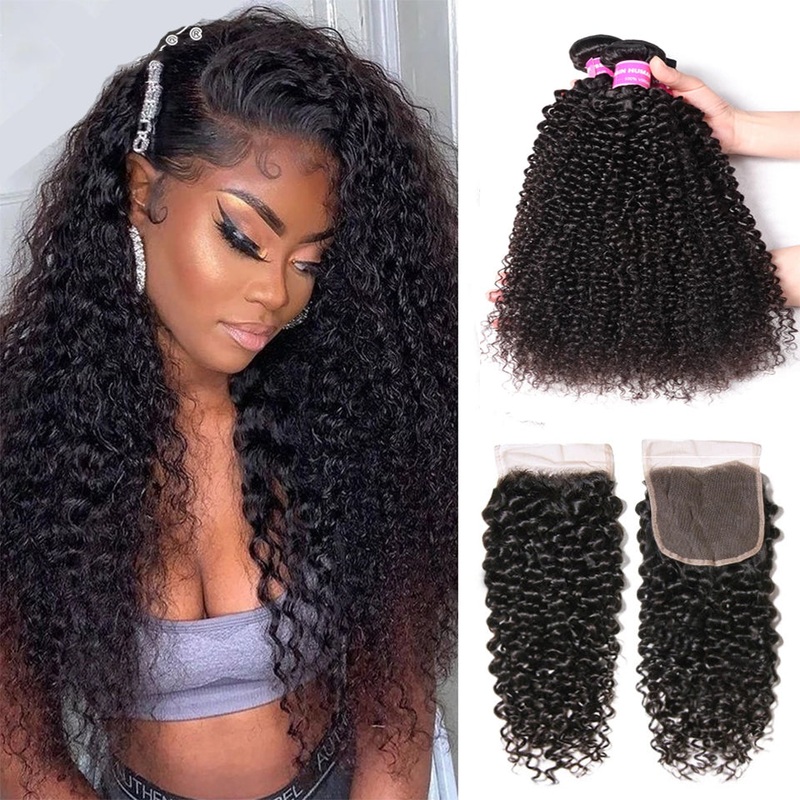 QVR Virgin Human Hair Curly 3 Bundles With 4*4 Lace Closure 14″14″14″&14″