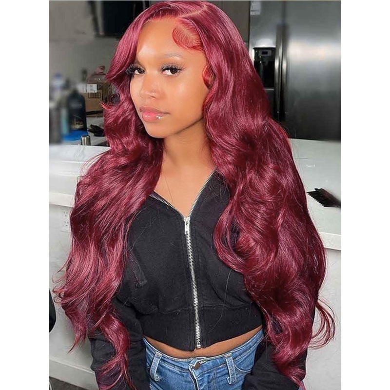 CurlyMe 99J Burgundy Color Body Wave Hair 13×4 Lace Front Wigs Pre Plucked Hairline 180% 10(bob)
