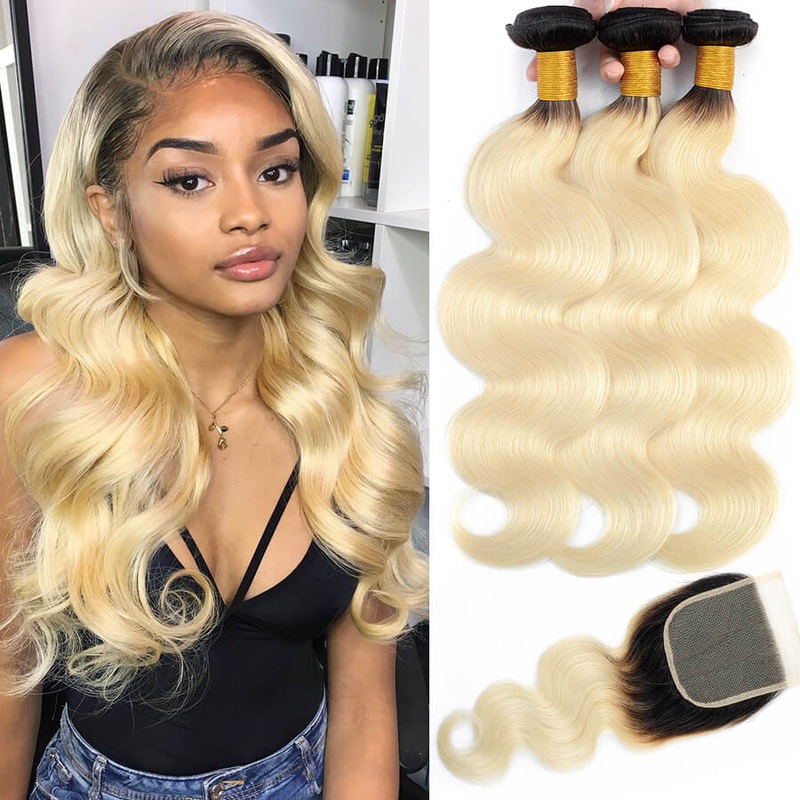 Ombre T1B/613 Brazilian Body Wave Human Hair 3 Bundles With Closure Remy Hair Weave 14 14 14 12 4×4 Closure Free Part