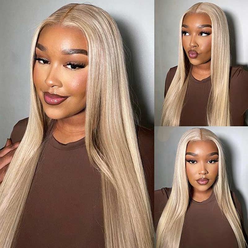 QVR #P10/613 Straight & Body Wave 13×4 Lace Front Wigs Blonde Wig With Brown Highlights Wigs 210% Density 16 Straight 13×4 Lace