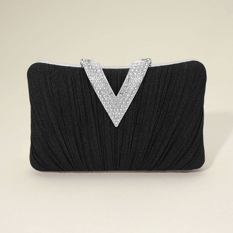 Sparkle Fabric Stone Paved V Fold Clutch / Evening Bag / Crossbody Bag Black