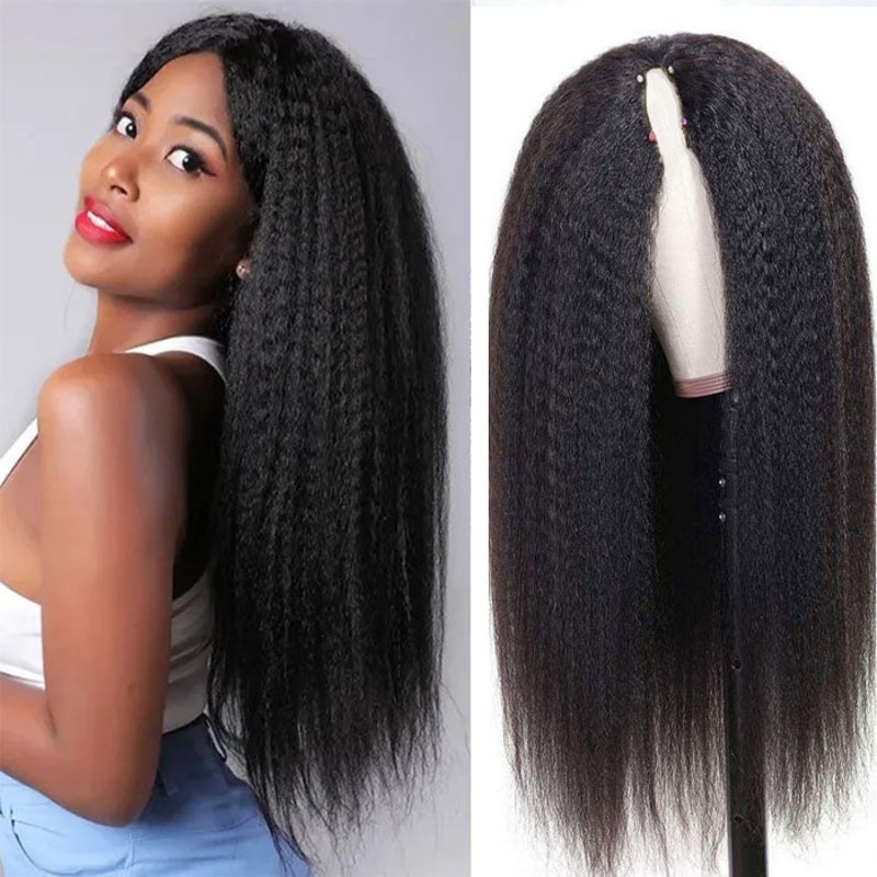 V/U Part Wig Natural Kinky Straight Glueless Wigs 100% Human Hair Meets Real Scalp Natural Density 12 V Part 150%