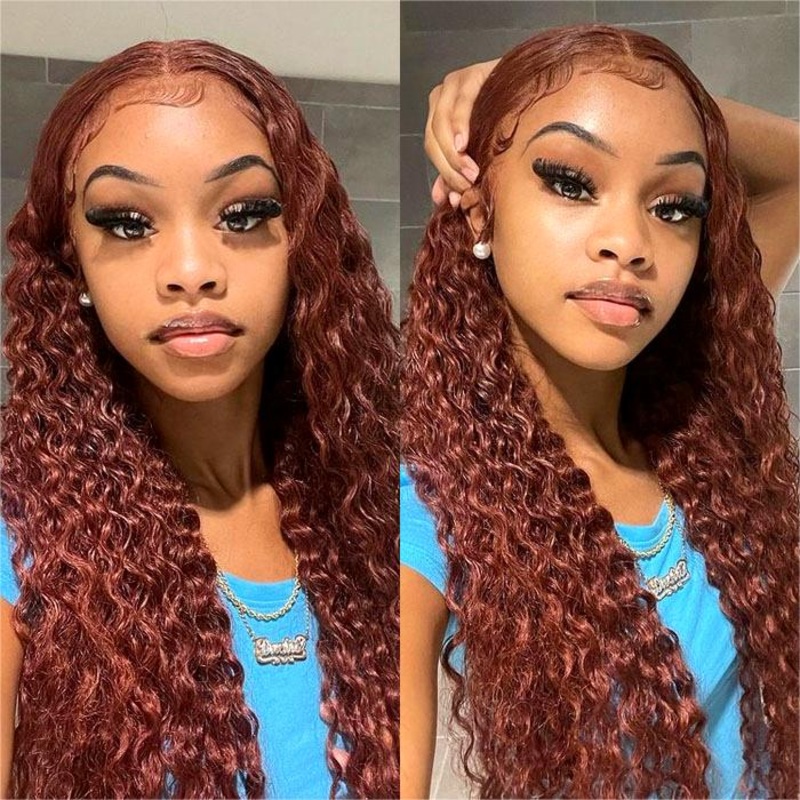 #33 Auburn Color Deep Wave 13×4/4×4 HD Lace Front Human Hair Wigs For Women High Quality Wigs 16 13×4 Lace 150%
