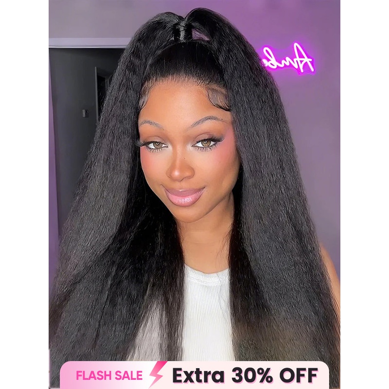 CurlyMe 360 Fit Wig Pre-Bleached Kinky Straight Human Hair Pre-Cut 360 Lace Wear Go Glueless Wig Pre-Plucked 14