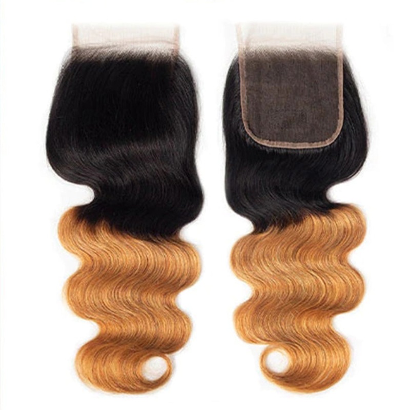 Ombre T1B/27 Body Wave 4×4 Free Part HD Transparent Lace Closure 100% Human Hair Lace Closure 10 Medium Brown Lace Free Part