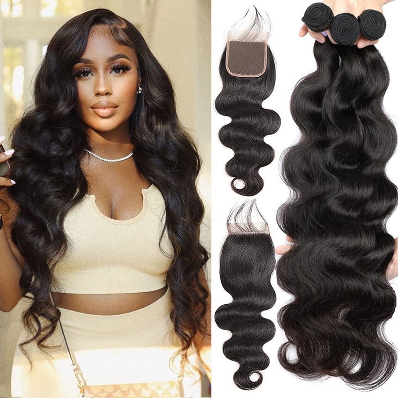 QVR Body Wave Bundles With Closure Virgin Brazilian Hair Weave 3 Bundles With Closure Natural Color 40″ 10″10″10″+10″