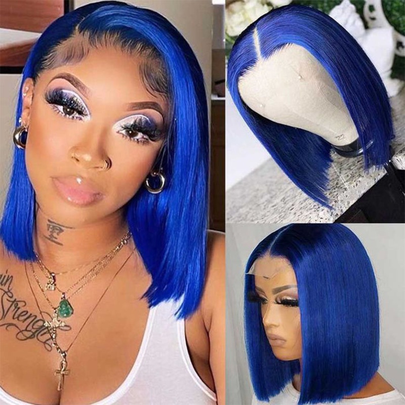 Blue Bob Wig 220% Density Straight 13×4 Lace Front Human Hair Wig Natural Hairline Bob Wigs 8 13×4 Lace 220%