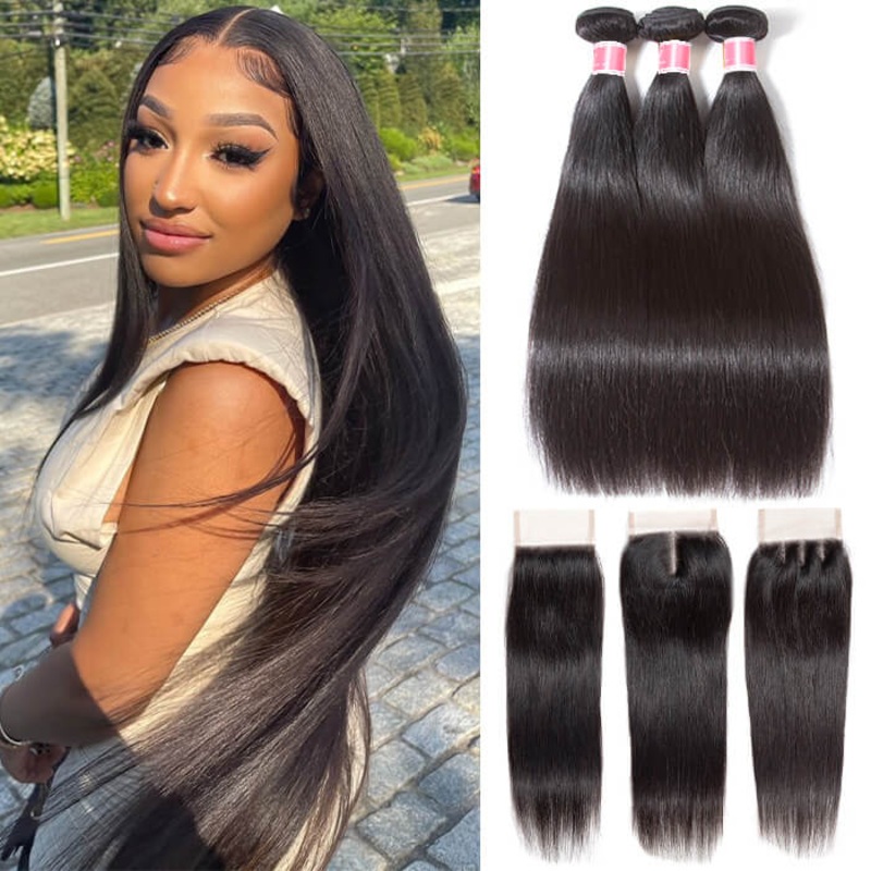 Peruvian Straight Hair 3 Bundles with 4*4 Closure Soft Unprocessed Virgin Human Hair 12 12 12+10 Free Part