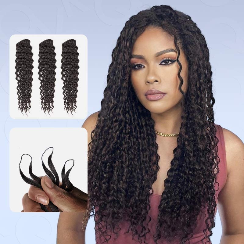 QVR Lightweight Natural Black Water Wave Crochet Braid Human Hair Extensions Natural Black #1B 3 Packs (Full Head) 14”