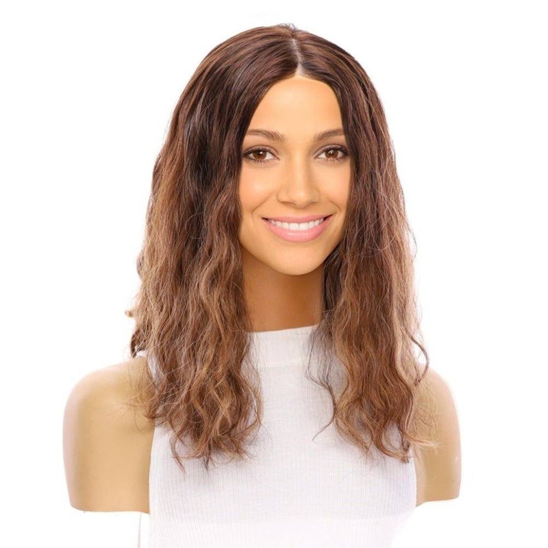 22″ Ponytail Silk Part Wig Medium Brown Balayage Wavy Zig Zag Lace Front