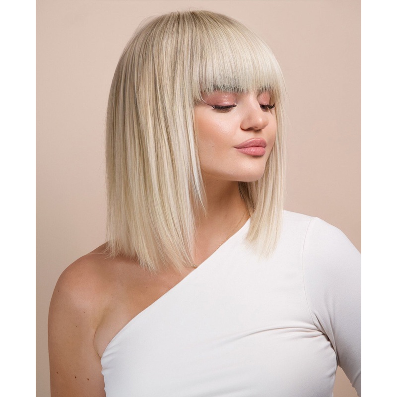 bob wig with fringe – 10″ rooted platinum blonde.