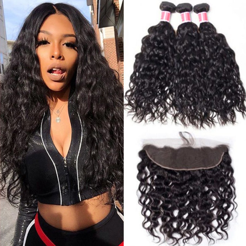 Brazilian Water Wave Virgin Hair Weave 3 Bundles With 13*4 Lace Frontal 12 12 12+10 Natural Black Color