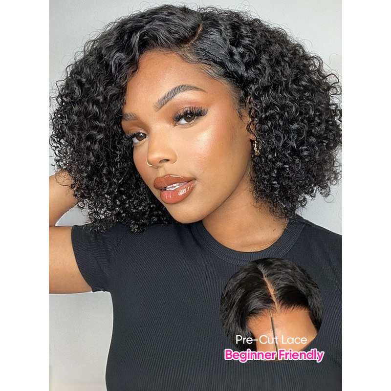 CurlyMe Kinky Curly Glueless Bob Wig Pre Cut 7×5 HD Lace Wear Go Wig Bleached HD Lace 8