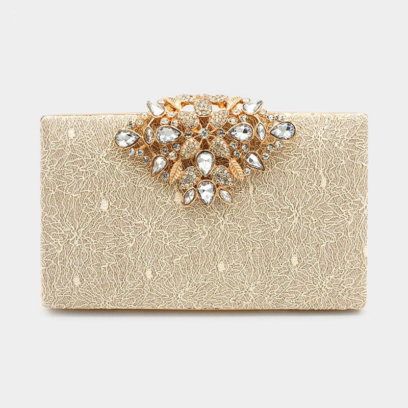 Floral Stone Embellished Glittered Evening Clutch / Crossbody Bag Gold